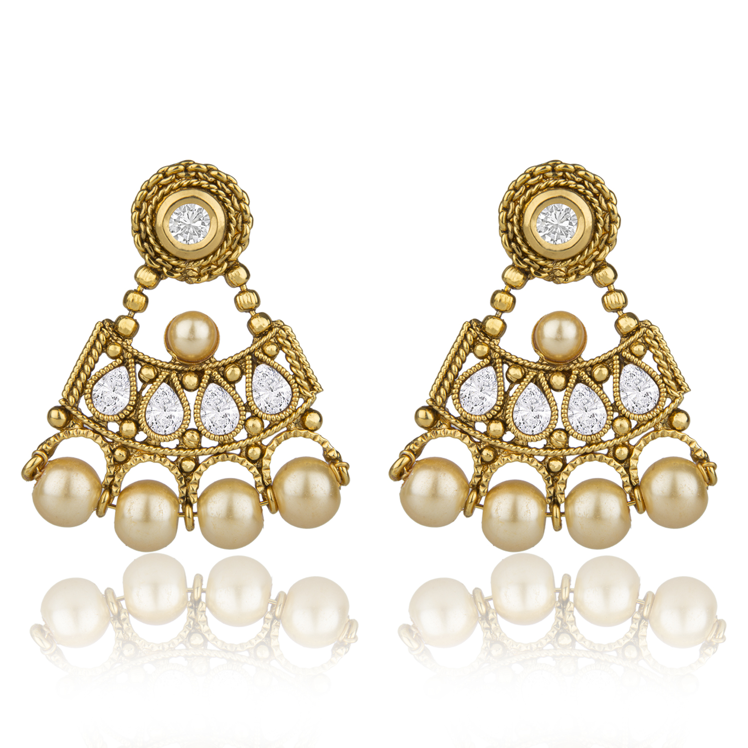 beautiful golden eaarings with pearl and american diamond